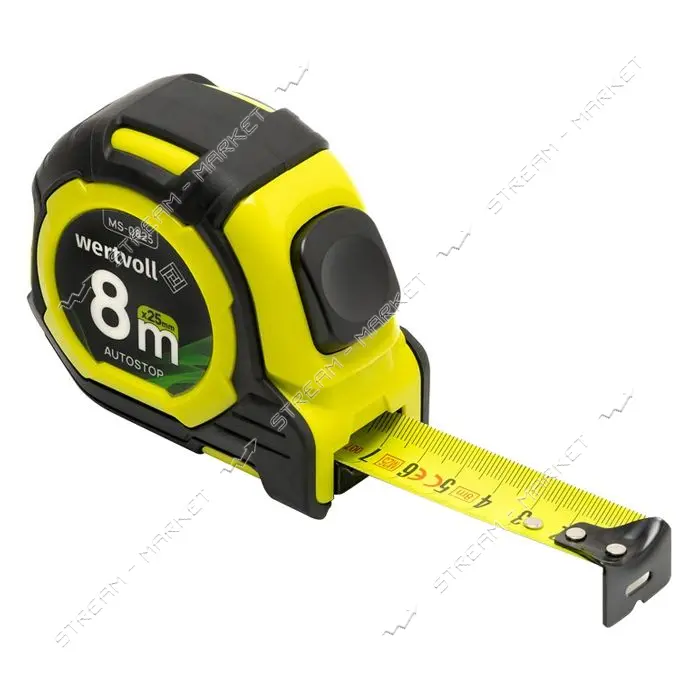 Рулетка Wertvoll MS-0825 5мх25мм 2 кнопки AUTOSTOP TPR покрытие