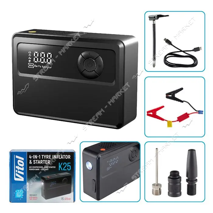 Компрессор Vitol K-35 150psi 4в1 /14.8V/22.2wh/6000mAh бустер павербанк фонарь                      