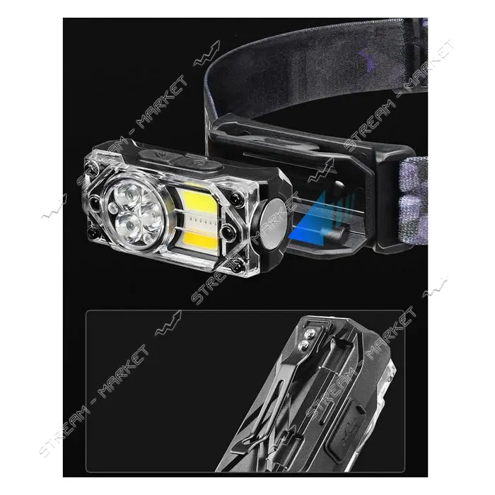 Фонарь налобный YY-19B-3SMD плюс 2COB белый желтый красный ЗУ Type-C Box Li-Ion аккум магнит