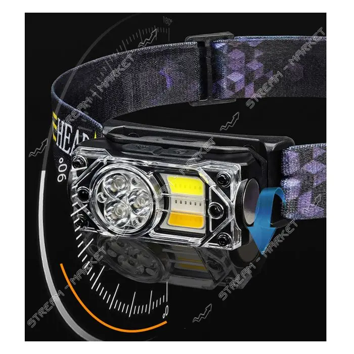 Фонарь налобный YY-19B-3SMD плюс 2COB белый желтый красный ЗУ Type-C Box Li-Ion аккум магнит