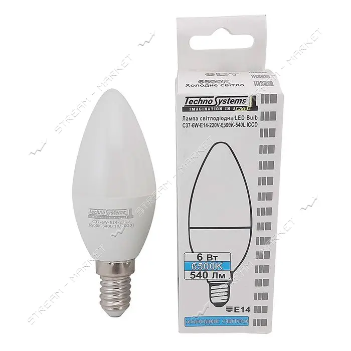 Лампа светодиодная Techno Systems LED Bulb-C37-6W-E14-220V-6500K-540L ICCD свечка                   