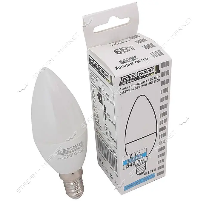 Лампа светодиодная Techno Systems LED Bulb-C37-6W-E14-220V-6500K-540L ICCD свечка                   