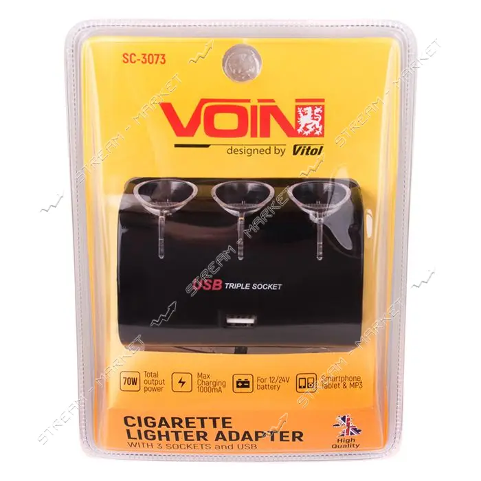 Разветвитель прикуривателя Voin SC-3073 3 выхода плюс 1USB 1000mA 12/24V                            