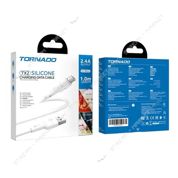 Кабель Tornado Micro USB TX2 2.4A 1м белый                                                          