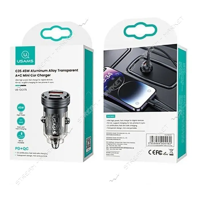 Автомобильное зарядное устройство Usams CC175 C35 45W 1USB-А плюс 1USB-С черное                     