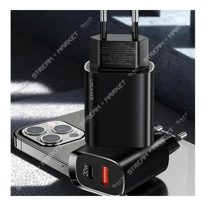 Сетевое зарядное устройство Usams CC121 T35 20W USB Type-C плюс USB Type-A черное