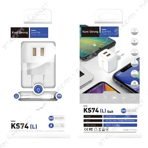 KONI strong сетевое зарядное устройство  KS74L, 2.4A, 2USB+USB Lightning, цвет белый                