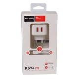 KONI strong сетевое зарядное устройство  KS74T, 2.4A, 2USB+USB charger for Type C,цвет белый        