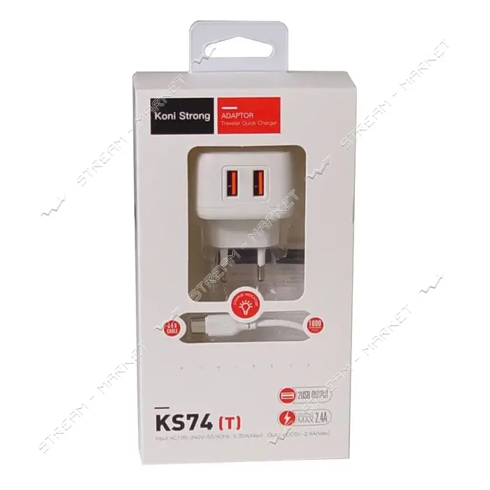 KONI strong сетевое зарядное устройство  KS74T, 2.4A, 2USB+USB charger for Type C,цвет белый        