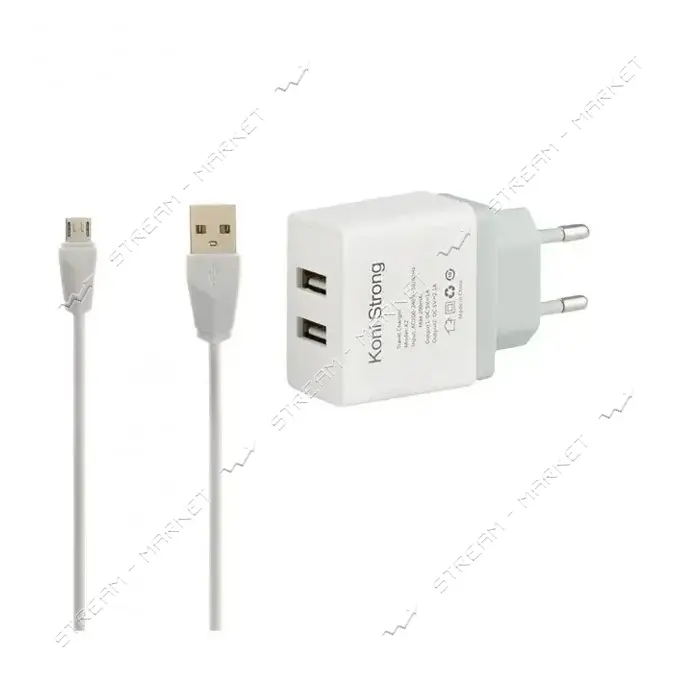 KONI strong сетевое зарядное устройство K2, 2.1A, 2USB+USB Кабель Micro, цвет белый