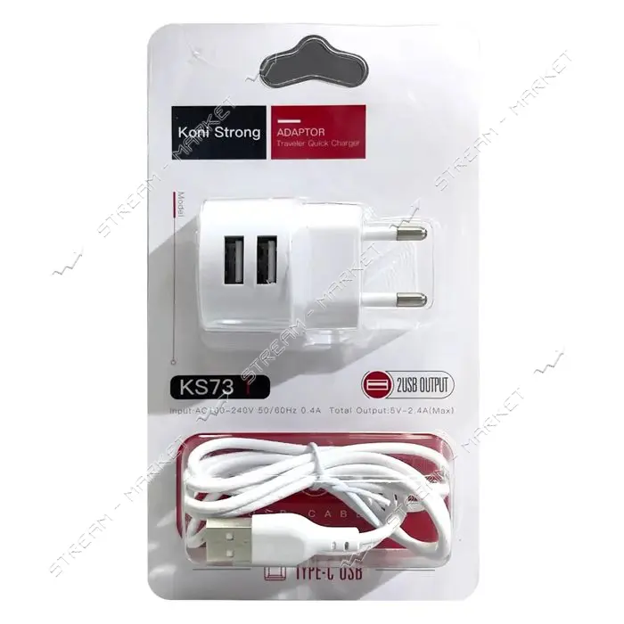 KONI strong сетевое зарядное устройство  KS73T, 2.4A, 2USB+USB charger for Type C, цвет белый       
