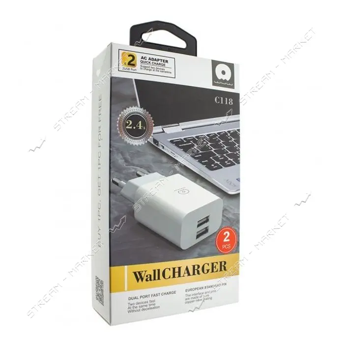 Сетевое зарядное устройство WUW C118 2.4A 2USB белое