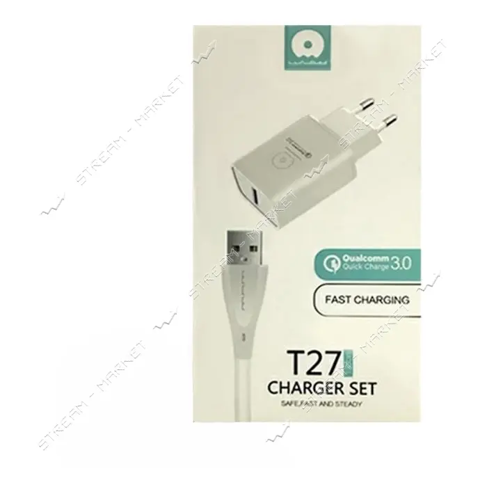 Сетевое зарядное устройство WUW T27 1USB плюс кабель Micro белое                                    