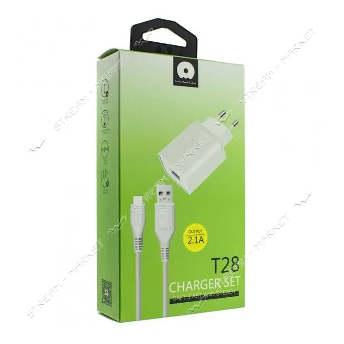 Сетевое зарядное устройство WUW T28 2.1A 1USB плюс кабель Lightning белое