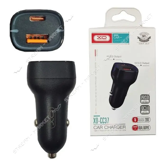 Автомобильное зарядное устройство XO CC37 1USB плюс PD черное