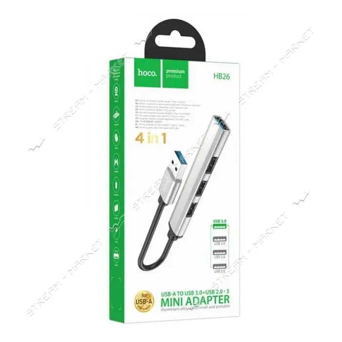 Хаб Hoco HB26 4in1 adapter USB to USB3.0 плюс USB2.0х3 серый