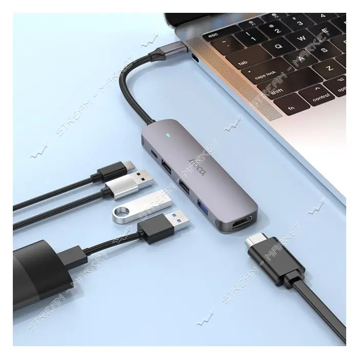Хаб Hoco HB27 Type-C multi-function converter HDTV и USB3.0 и USB2.0х2 и PD серый
