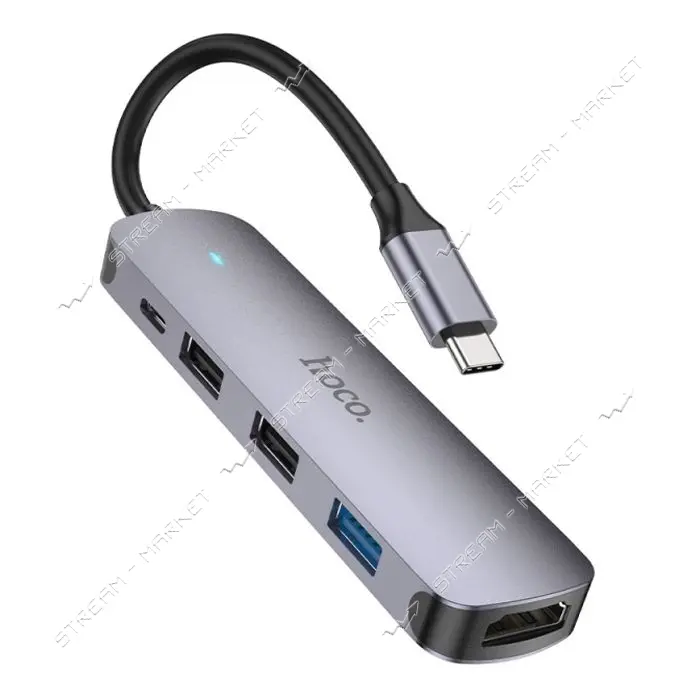 Хаб Hoco HB27 Type-C multi-function converter HDTV и USB3.0 и USB2.0х2 и PD серый