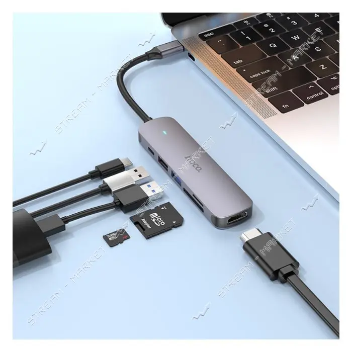 Хаб Hoco HB28 Type-C multi-function converter HDTV плюс USB3.0 и USB2.0 и SD и TF и PD серый        