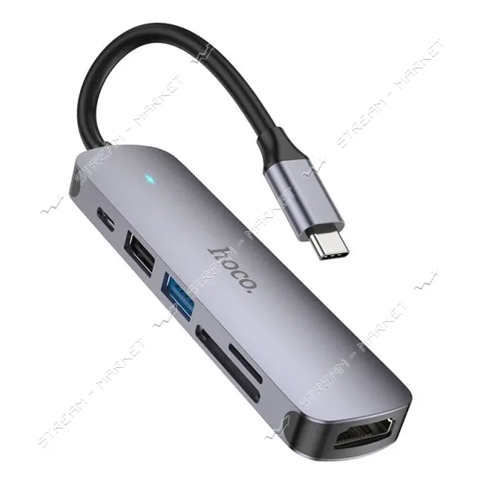 Хаб Hoco HB28 Type-C multi-function converter HDTV плюс USB3.0 и USB2.0 и SD и TF и PD серый        