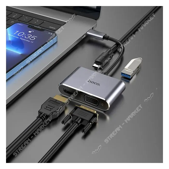 Хаб Hoco HB30 Eco Type-C multi-function converter HDTV плюс VGA плюс USB3.0 плюс PD серый           