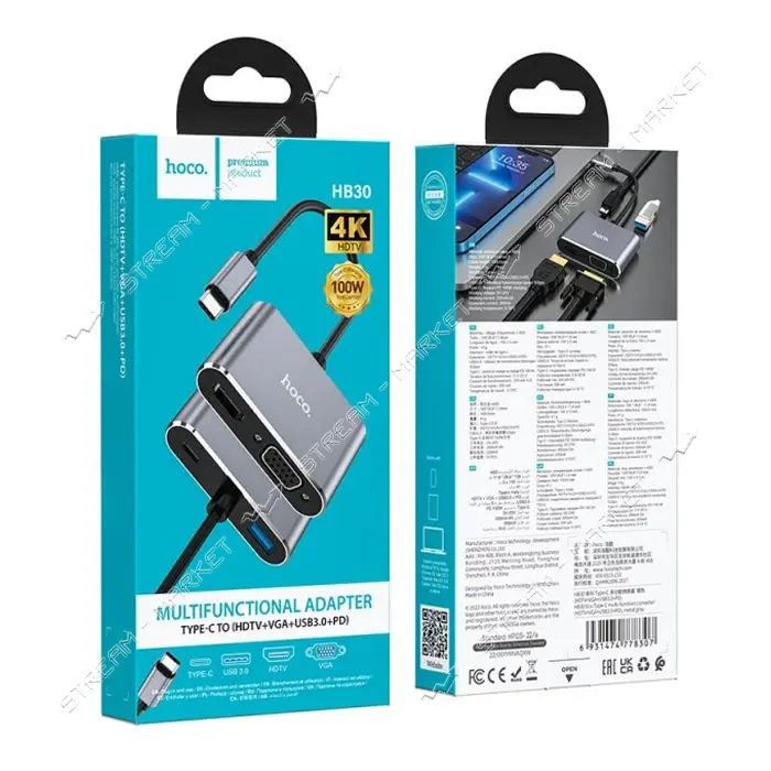 Хаб Hoco HB30 Eco Type-C multi-function converter HDTV плюс VGA плюс USB3.0 плюс PD серый           