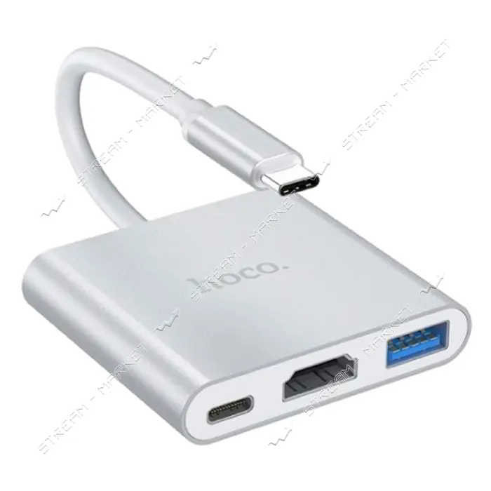 Хаб Hoco HB14 Easy use Type-C adapter Type-C to USB3.0 плюс HDMI плюс PD серый                      