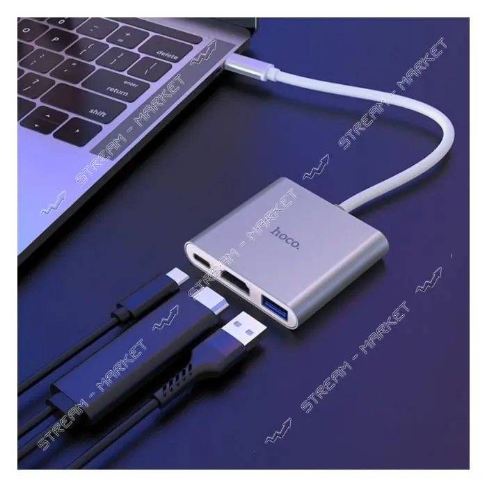 Хаб Hoco HB14 Easy use Type-C adapter Type-C to USB3.0 плюс HDMI плюс PD серый                      