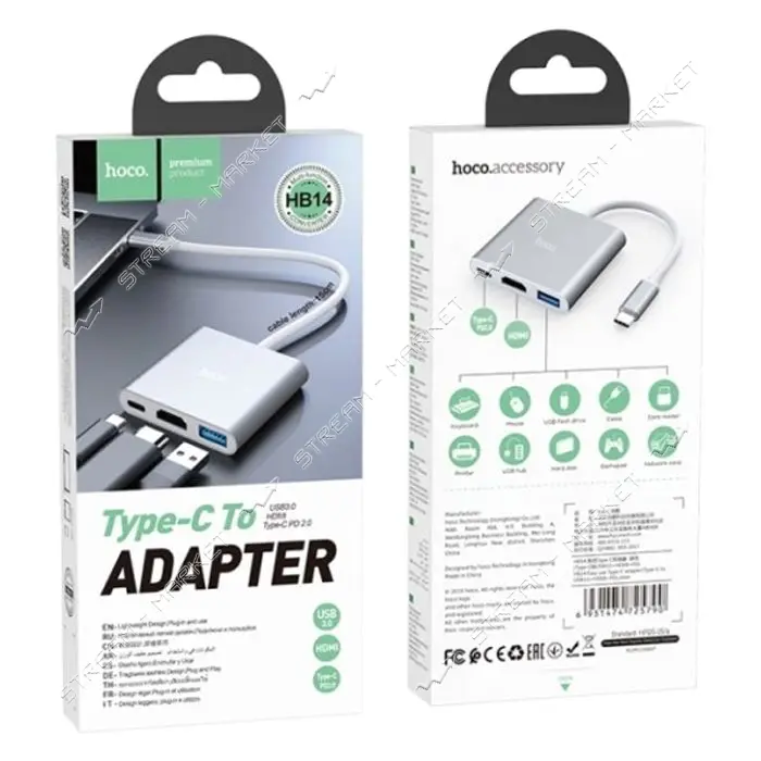 Хаб Hoco HB14 Easy use Type-C adapter Type-C to USB3.0 плюс HDMI плюс PD серый                      