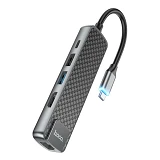 Хаб Hoco HB23 Easy view Type-C multifunction adapter HDMI плюс USB3.0 и USB2.0 и RJ45 и PD серый    