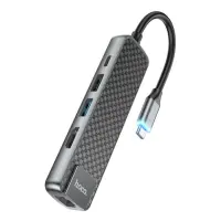 Хаб Hoco HB23 Easy view Type-C multifunction adapter HDMI плюс USB3.0 и USB2.0 и RJ45 и PD серый    