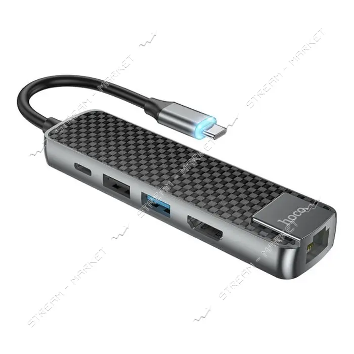 Хаб Hoco HB23 Easy view Type-C multifunction adapter HDMI плюс USB3.0 и USB2.0 и RJ45 и PD серый    