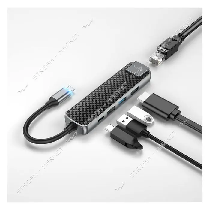 Хаб Hoco HB23 Easy view Type-C multifunction adapter HDMI плюс USB3.0 и USB2.0 и RJ45 и PD серый    