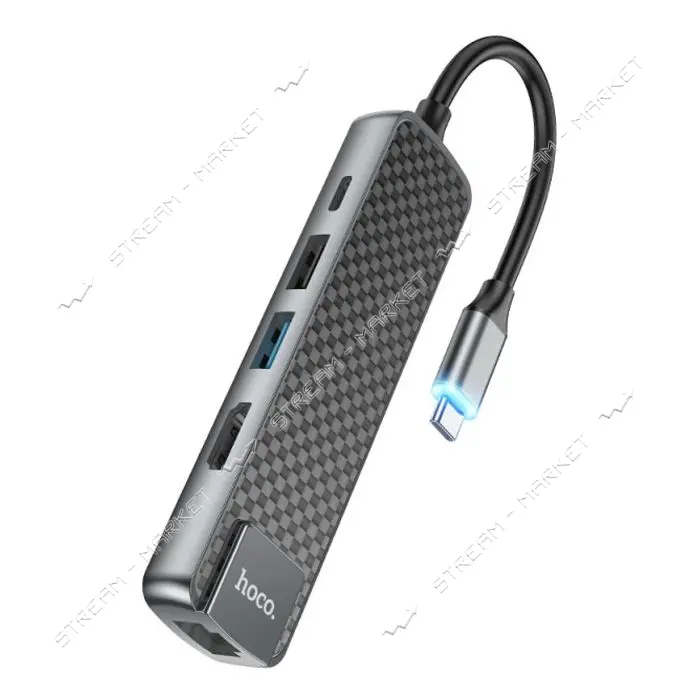 Хаб Hoco HB23 Easy view Type-C multifunction adapter HDMI плюс USB3.0 и USB2.0 и RJ45 и PD серый    