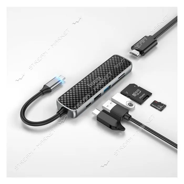 Хаб Hoco HB24 Easy display Type-C multifunction adapter HDMI и USB3.0 и USB2.0 и SD и TF и PD черный