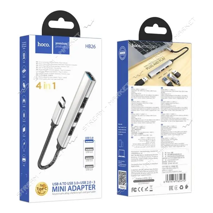 Хаб Hoco HB26 4in1 adapter Type-C to USB3.0 плюс USB2.0х3 серый