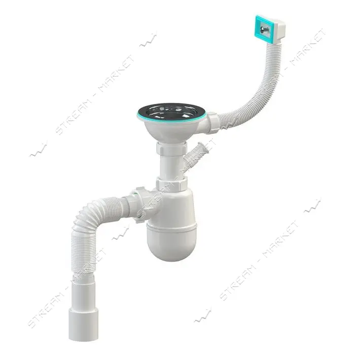 Сифон для евро мойки SoloPlast К1150 3 1/2" с квадратным переливом с выходом под стиральную машину  