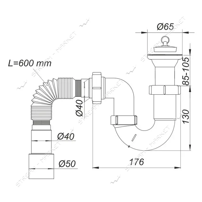 Сифон для мойки SoloPlast Н0310 прямоточный нержавеющий выпуск 1 1/2"х50