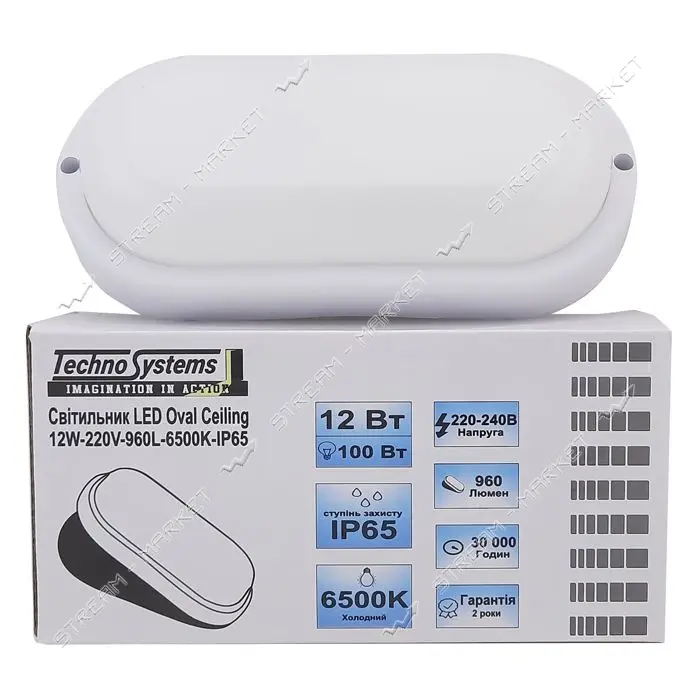 Светильник Techno Systems LED Oval Ceiling 12W-220V-960L-6500K-IP65 ЖКХ овал