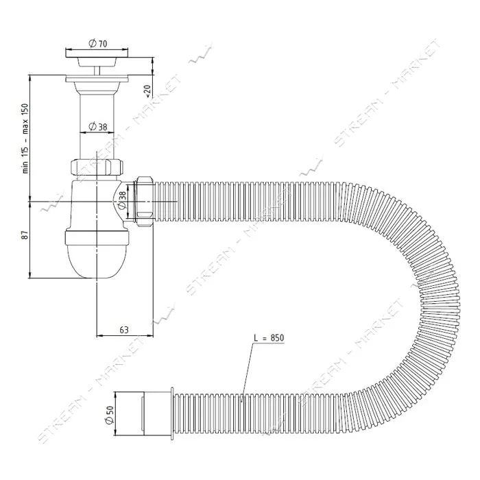 STP LN-02.01 Сифон для умывальника с нержавеющим выпуском 1 1/2"х 40/50                             