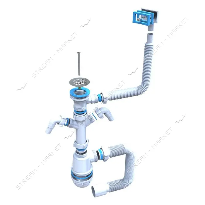 Сифон для мойки плюс 2 стиралки STP M-05.02 с переливом нержавеющим выпуском 1 1/2х40/50