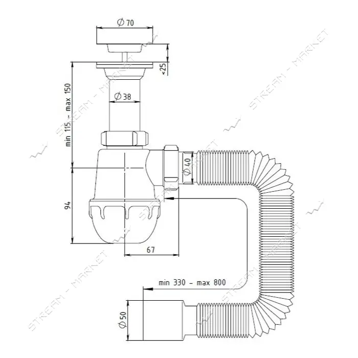 Сифон для мойки большая бутылка STP M-01 с нержавеющим выпуском 1 1/2х40/50