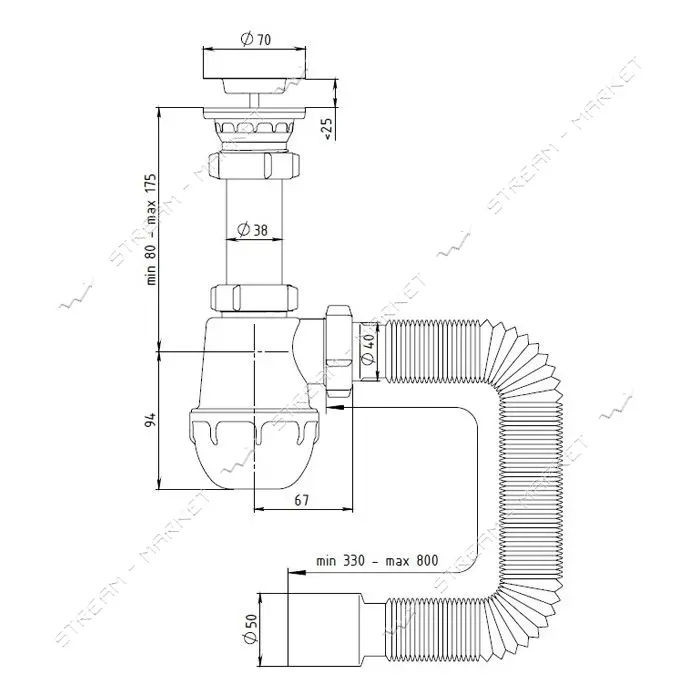 Сифон для мойки STP M-03 (М-04.01) с нержавеющим выпуском 1 1/2х40/50
