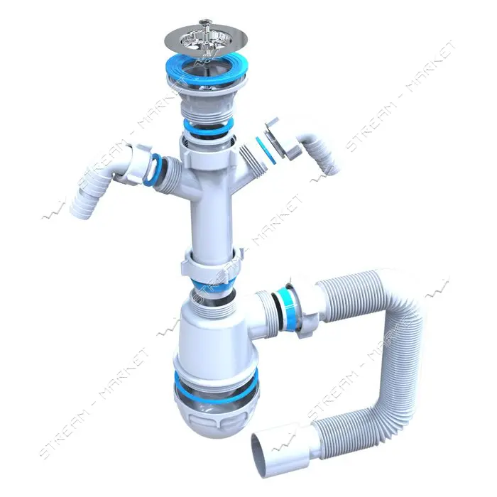 Сифон для мойки плюс 2 стиралки STP MSM-03 с нержавеющим выпуском 1 1/2х40/50