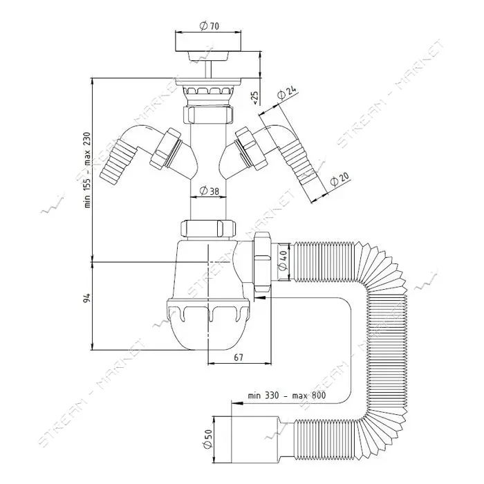Сифон для мойки плюс 2 стиралки STP MSM-03 с нержавеющим выпуском 1 1/2х40/50