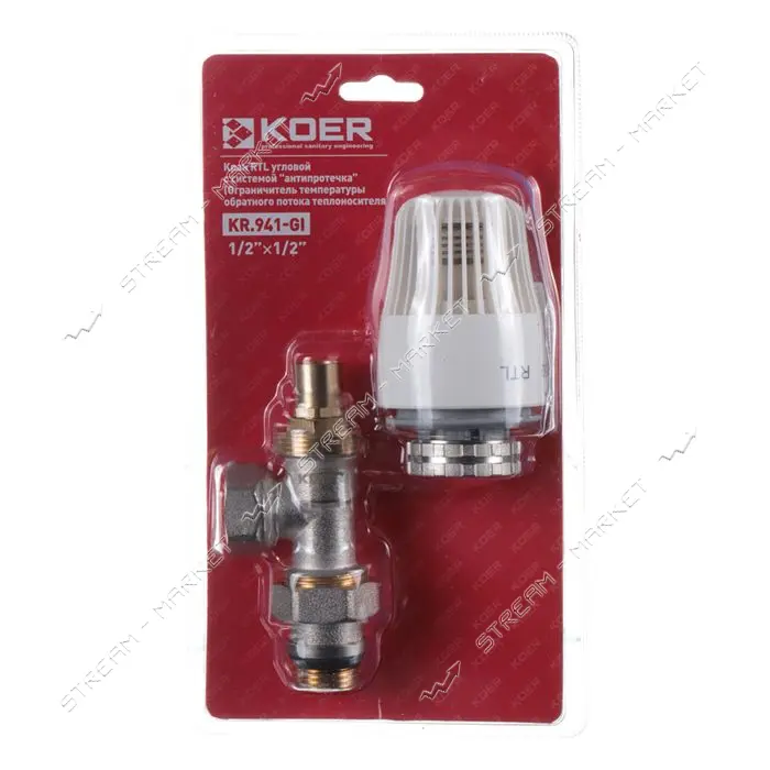 Кран RTL Koer KR.941-Gi 1/2x1/2 с системой антипротечка угловой с термоголовкой