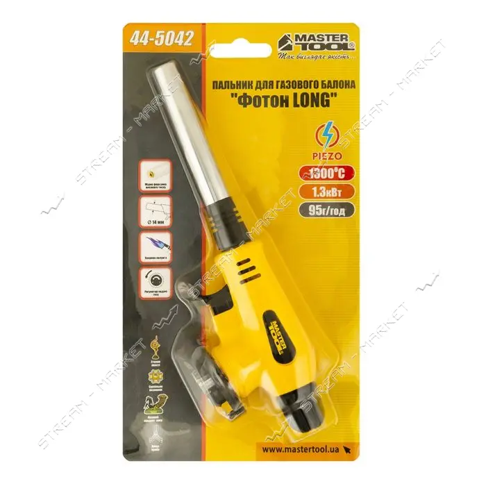 Горелка для газового баллона Mastertool 44-5042 с пьезоподжигом Фотон LONG d14мм 1300С              