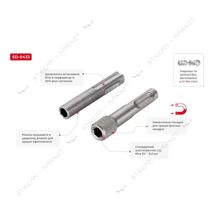 Набір адаптерів Intertool SD-0433 SDS plus під перфоратор для біт 1/4'' Impact                      