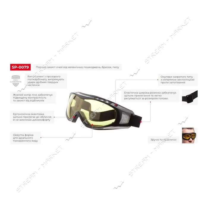 Очки защитные Intertool SP-0079 закрытые поликарбонат PVC черные