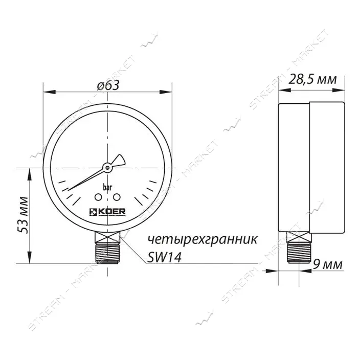 Манометр Koer радиальный нижнее подключение вертикальный KM.610R 0-10 bar d3мм 1/4''